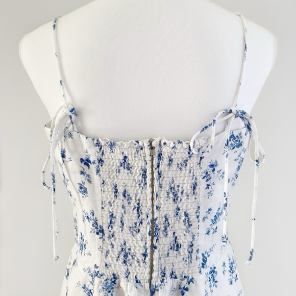 Reformation christen white blue Floral Print square neck tie straps Midi Dress - Picture 5 of 15